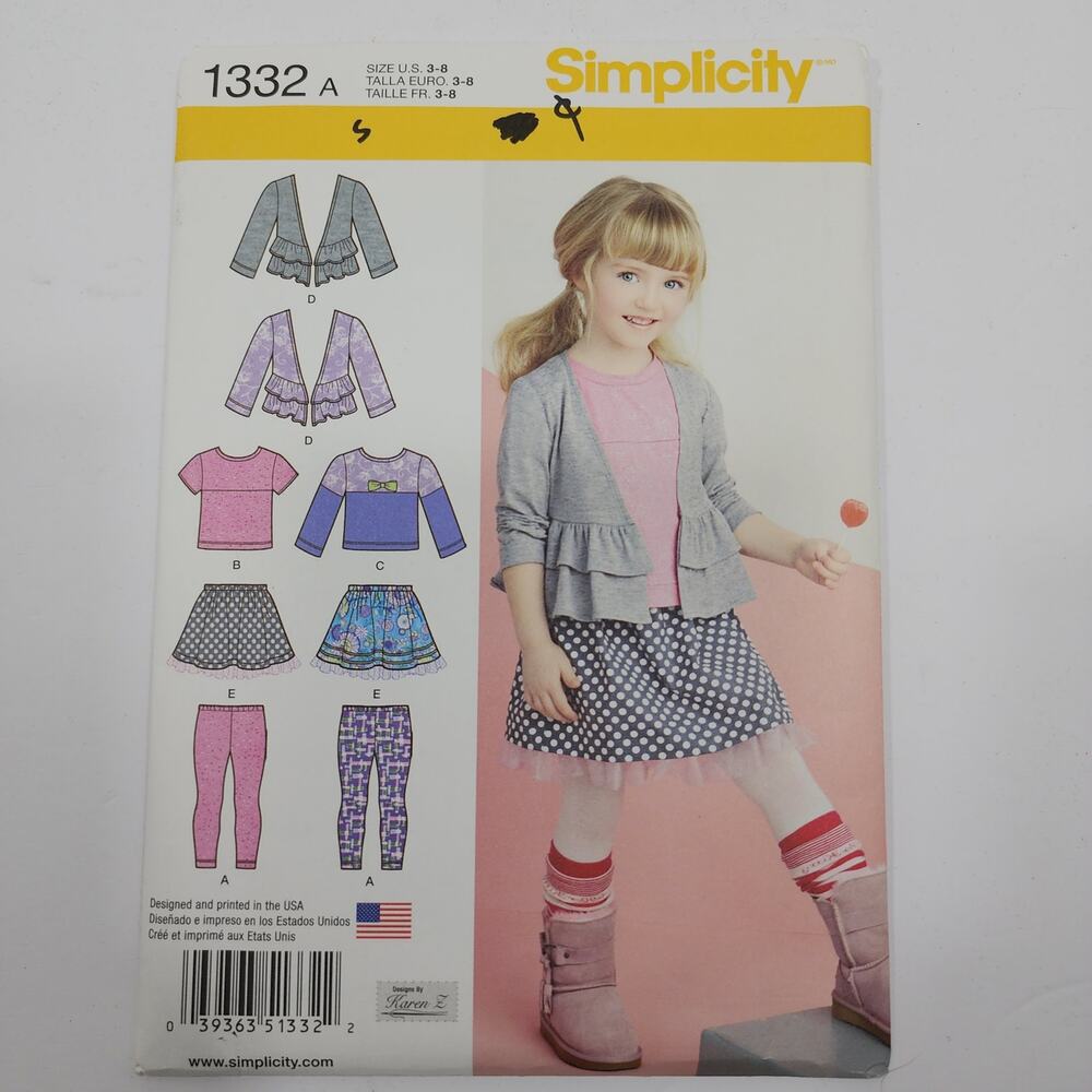 Simplicity 1332A Child's Skirt, Knit Leggings, Top, and Cardigan Sizes 3-8 Uncut